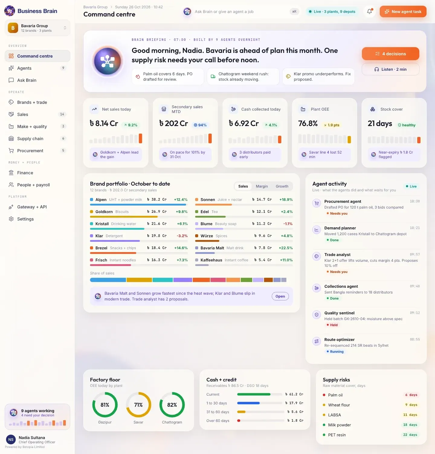 Business Brain command centre with sample data